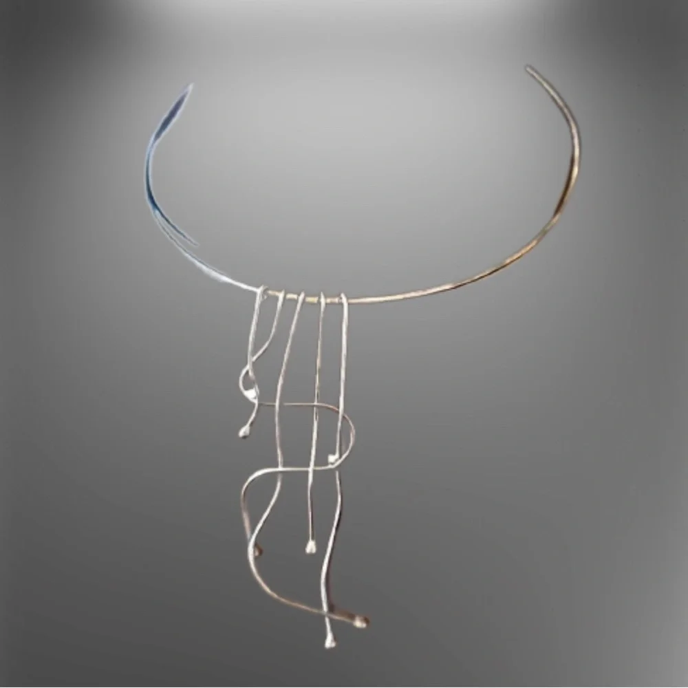 Antique Art Deco Sterling Silver Artisan Signed Collar Cuff Choker Drop Necklace - Picture 15 of 15